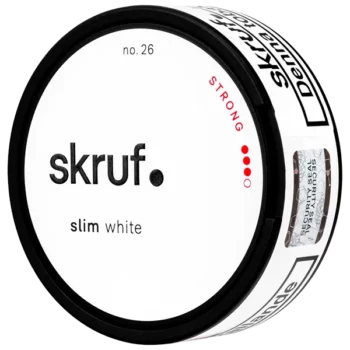 Skruf no. 26 Slim White Strong Portion Snus Snusdosa Portionssnus Skruv Småland Småländskt nummer tjugosex tjusex Stark Starkt Slimmade Prillor Vit Vit Portion