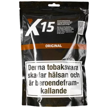 X-15 Original Portionssnus Snus Förpackning Fotad Framifrån Helhetsbild Påssnus Tobakssnus