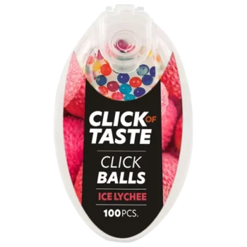 Click Of Taste Ice Lychee är en smaksättning av torra produkter med smak av lychee och mint