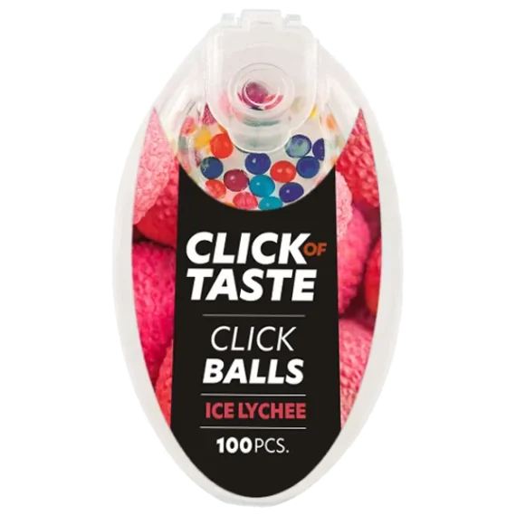 Click Of Taste Ice Lychee är en smaksättning av torra produkter med smak av lychee och mint