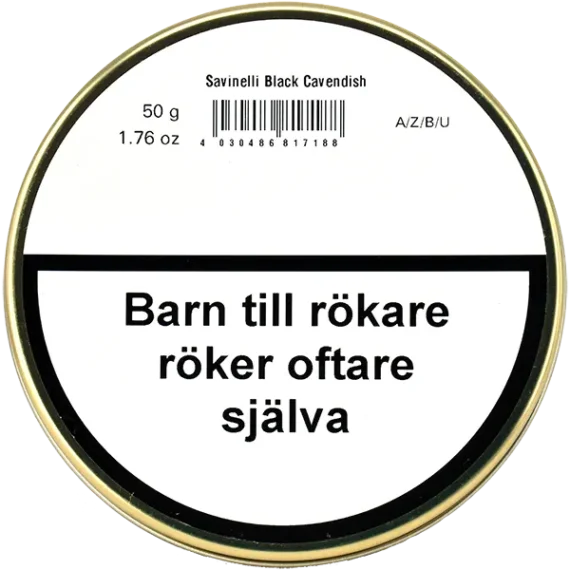 Baksidan av Savinelli Black Cavendish Piptobak burken med sin varningstext som krävs för tobaksprodukter. Köp piptobak fraktfritt från Snusfabriken.com