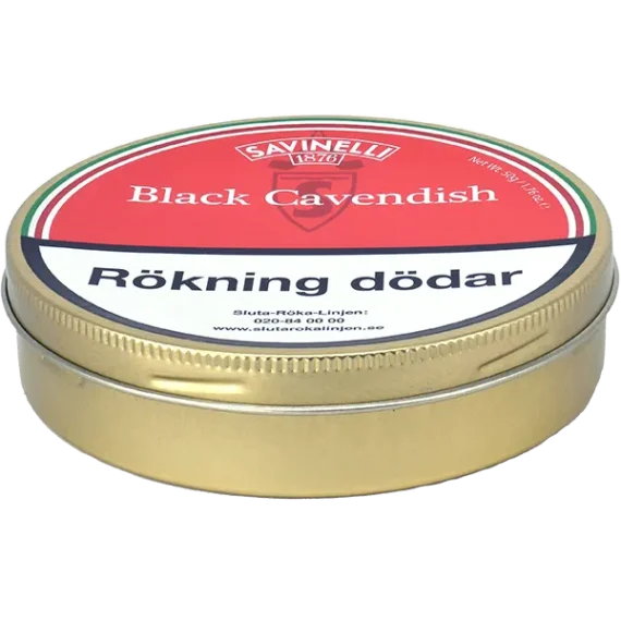 Förpackningen till Savinelli Black Cavendish Piptobak är lufttät plåtburk vilket gör att tobaken inte torkar ut även om den förvaras i rumstemperatur. Tål att öppnas och förslutas flera gånger. Köp piptobak med snabb leverans från Snusfabriken.com