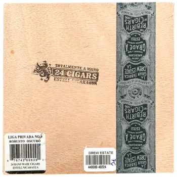 Drew Estate Liga Privada No. 9 Baksida av cigarrlåda