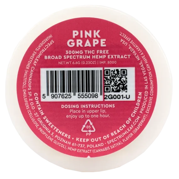Baksidan på dosan med innehållsförteckning för portionsprillorna Voon Pink Grape