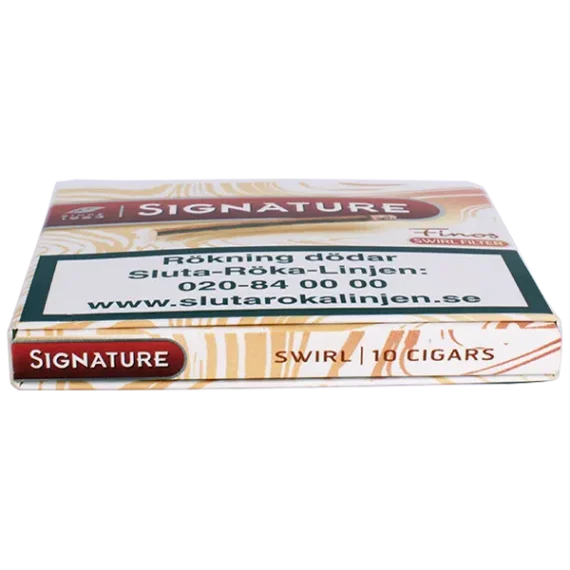 På undersidan står det antal cigariller som ett paket innehåller. Beställ Signature Finos Swirl Beige Filter fraktfritt från Snusfabriken.com med snabba leveranser.