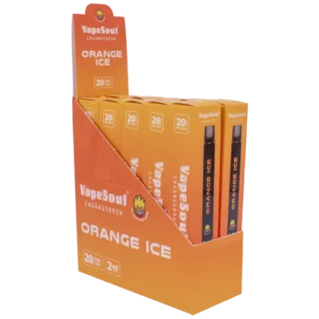 VAPESOUL Orange Ice innehåller 20 mg/ml nikotin per enhet. Denna stilrena engångsvapen är klar att användas direkt och aktiveras direkt när du tar ditt första bloss.. En enhet räcker upp till 600 puffar.