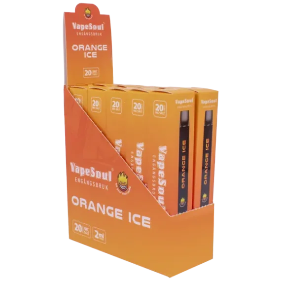 VAPESOUL Orange Ice innehåller 20 mg/ml nikotin per enhet. Denna stilrena engångsvapen är klar att användas direkt och aktiveras direkt när du tar ditt första bloss.. En enhet räcker upp till 600 puffar.