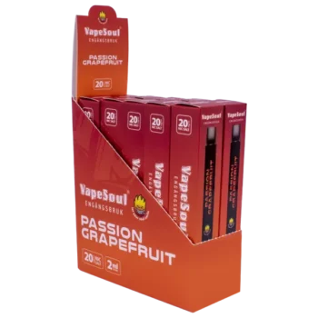 VAPESOUL Passion Grapefruit innehåller 20 mg/ml nikotin per enhet. Denna stilrena engångsvapen är klar att användas direkt och aktiveras direkt när du tar ditt första bloss.En enhet räcker upp till 600 puffar.