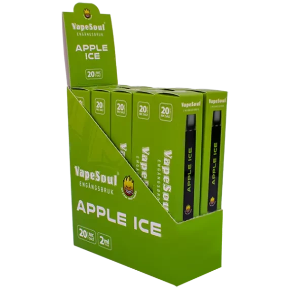 VAPESOUL Apple Ice 20 mg innehåller 20 mg/ml nikotin per enhet. Denna stilrena engångsvapen är klar att användas direkt och aktiveras direkt när du tar ditt första bloss.. En enhet räcker upp till 600 puffar.