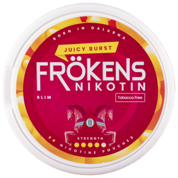 Frökens Nikotin Juicy Burst Slim Portion framsidan på locket