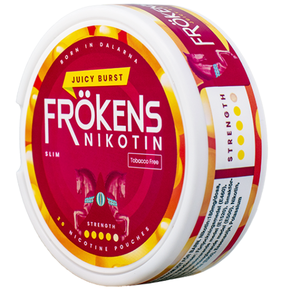 Frökens Nikotin Juicy Burst Slim Portion - Framsidan från sidan