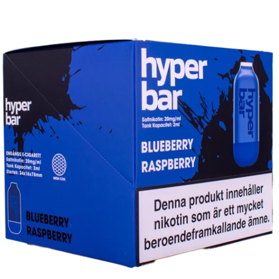 Ett tiopack av Hyper Bar Blueberry Raspberry är gjord av tjockt papper