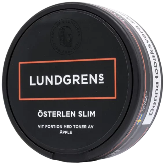 Lundgrens Österlen Slim White Portion har svarta dosor och dekaler. På locket står även en kort beskrivning av smaken. Beställ snuset från Snusfabriken.com