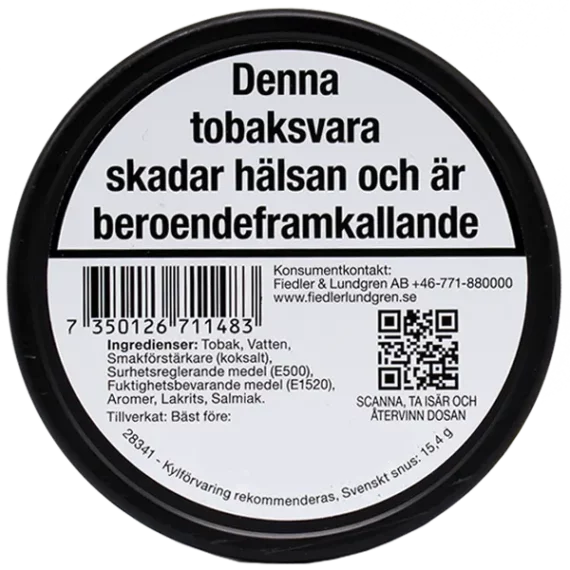 På baksidan av snusdosan Löndgrens Österlen Slim är tillverkningsdag och bäst före stämplat tillsammans med innehållsdeklarationen. Snus till lågt pris hittar du hos oss på Snusfabriken.com