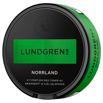 Lundgrens Norrland Portion snusdosan med sin gröna logotyp sedd framifrån. Köp snuset fraktfritt från Snusfabriken.com