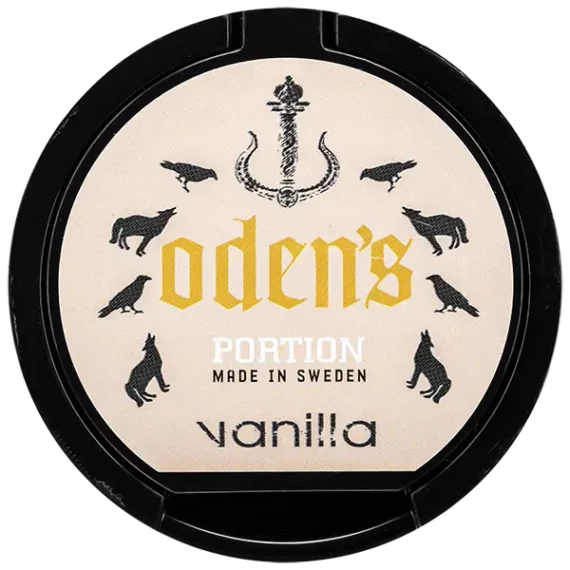 Oden's Vanilla Portion Lock Etikett Vanilj Varg Kråka Portionssnus Portion