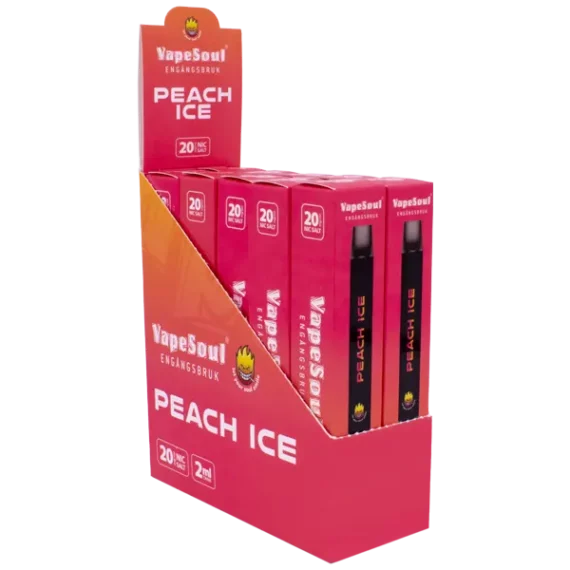 VAPESOUL Peach Ice innehåller 20 mg/ml nikotin per enhet. Denna stilrena engångsvapen är klar att användas direkt och aktiveras direkt när du tar ditt första bloss.En enhet räcker upp till 600 puffar.