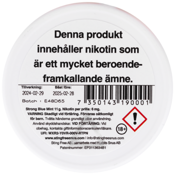 Stingfree Strong Blue Mint All White Slim Portion Innehållsförteckning Baksida Innehållsdeklaration Innehåll