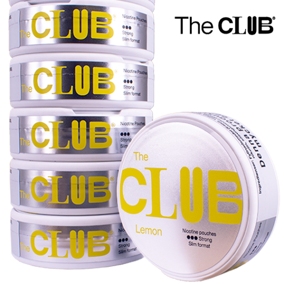 Snusdosor ståendes och liggandes av sorten The Club Lemon 9 mg all white portionssnus