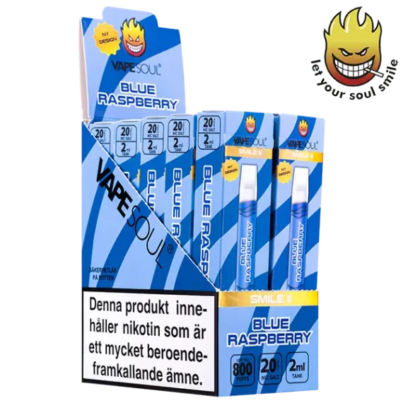 VAPESOUL Smile II Blue Raspberry 20 mg Display förpackning öppen displayförpackning 10 stycken st