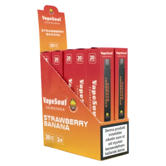 VAPESOUL Strawberry Banana 20 mg innehåller 20 mg/ml nikotin per enhet. Denna stilrena engångsvapen är klar att användas direkt och aktiveras direkt när du tar ditt första bloss.. En enhet räcker upp till 600 puffar.