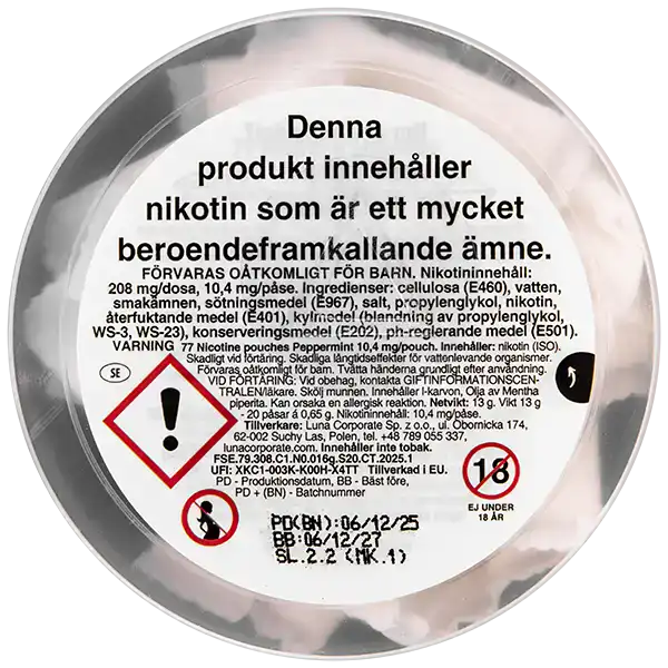 77 Peppermint Medium dosa baksida varningstext innehåll