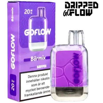Dripped GoFlow Bärmix är en engångsvape med 20 mg per ml nikotin och har en smak av bär. Engångsvapen ger upp till 800 puffar.