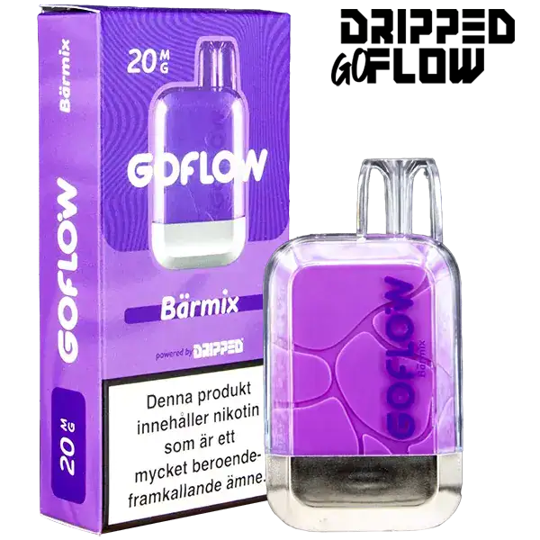 Dripped GoFlow Bärmix är en engångsvape med 20 mg per ml nikotin och har en smak av bär. Engångsvapen ger upp till 800 puffar.