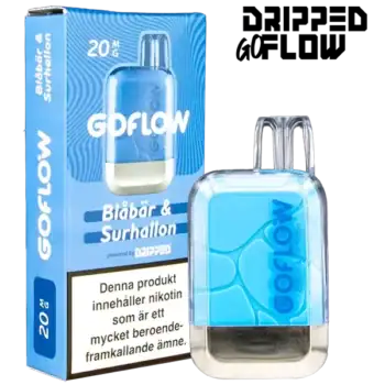 Dripped GoFlow Blåbär & Surhallon är en engångsvape med 20 mg per ml nikotin och har en smak av blåbär och surhallon. Engångsvapen ger upp till 800 puffar.