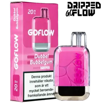 Dripped GoFlow Dubbel Bubbelgum är en engångsvape med 20 mg per ml nikotin och har en smak av tuggummi. Engångsvapen ger upp till 800 puffar.