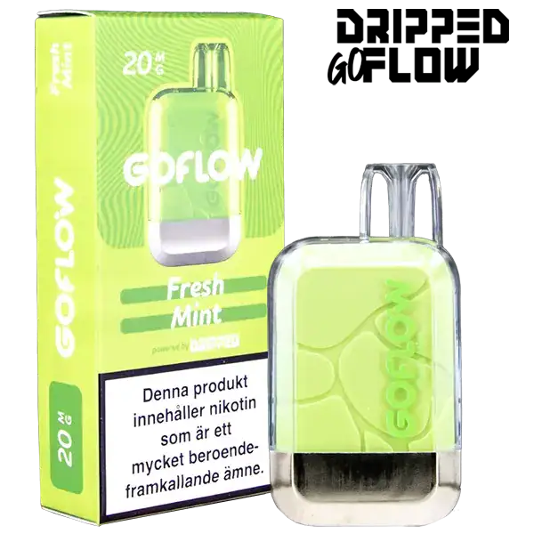 Dripped GoFlow Fresh Mint är en engångsvape med 20 mg per ml nikotin och har en smak av mint. Engångsvapen ger upp till 800 puffar.