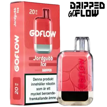Dripped GoFlow Jordgubb Ice är en engångsvape med 20 mg per ml nikotin och har en smak av jordgubb. Engångsvapen ger upp till 800 puffar.