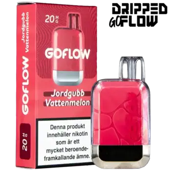 Dripped GoFlow Jordgubb Vattenmelon är en engångsvape med 20 mg per ml nikotin och har en smak av jordgubb och vattenmelon. Engångsvapen ger upp till 800 puffar.