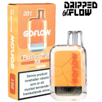 Dripped GoFlow Passionsfrukt Ice är en engångsvape med 20 mg per ml nikotin och har en smak av passionsfrukt. Engångsvapen ger upp till 800 puffar.
