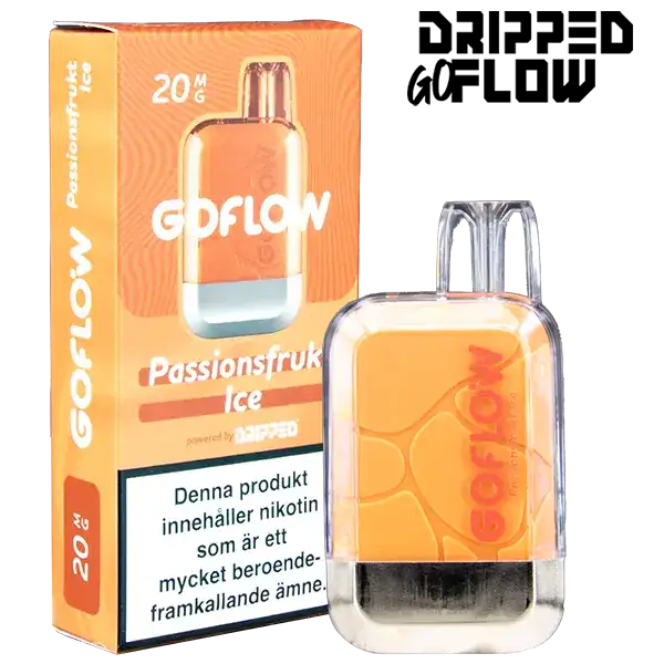 Dripped GoFlow Passionsfrukt Ice är en engångsvape med 20 mg per ml nikotin och har en smak av passionsfrukt. Engångsvapen ger upp till 800 puffar.
