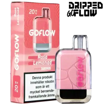 Dripped GoFlow Rosa Lemonad är en engångsvape med 20 mg per ml nikotin och har en smak av lemonad. Engångsvapen ger upp till 800 puffar.