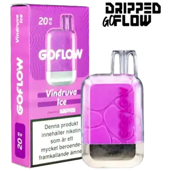 Dripped GoFlow Vindruva Ice är en engångsvape med 20 mg per ml nikotin och har en smak av vindruva. Engångsvapen ger upp till 800 puffar.