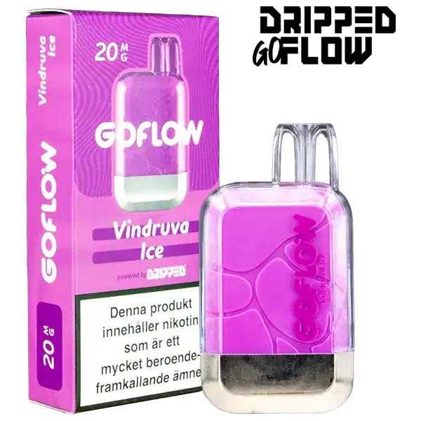 Dripped GoFlow Vindruva Ice är en engångsvape med 20 mg per ml nikotin och har en smak av vindruva. Engångsvapen ger upp till 800 puffar.